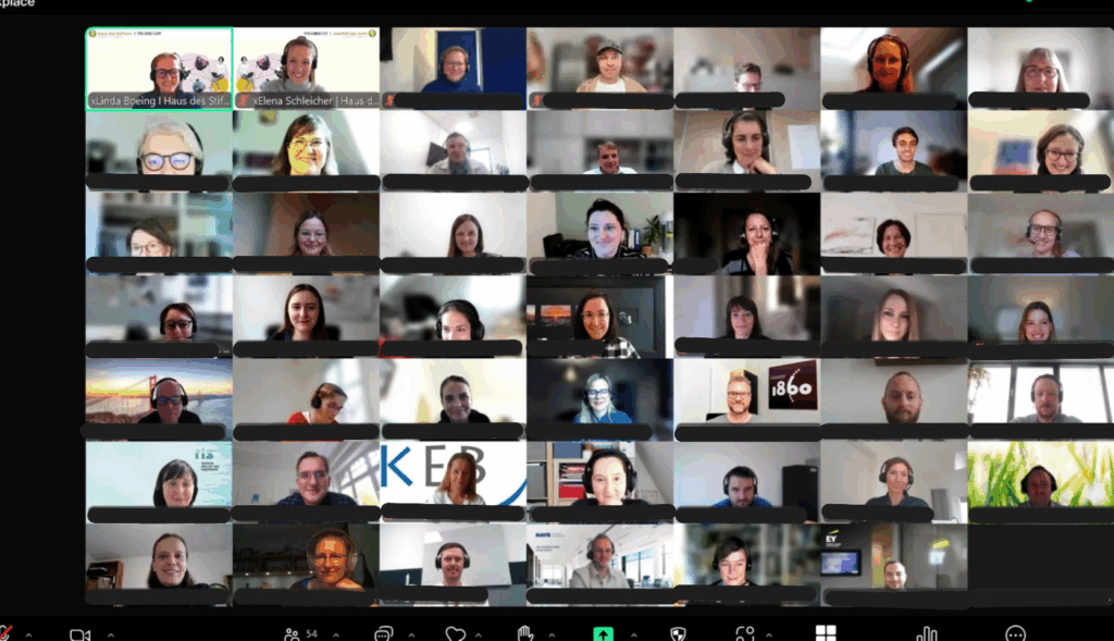 Screenshot von einem Zoom-Meeting, Kamera-Bilder vieler Teilnehmer:innen beim Pro Bono Camp des Haus des Stiftens